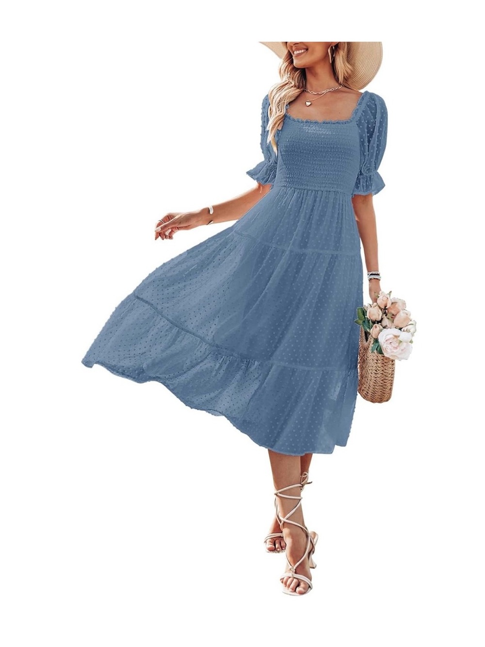Blue Smocked Midi Dress with Square Neck